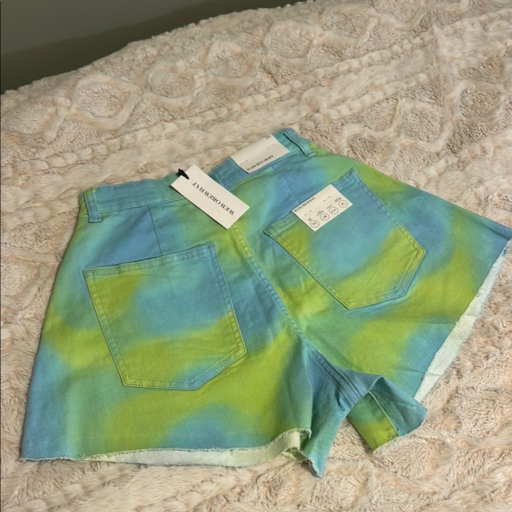 WeWoreWhat Blue and Green Jean Shorts Vibrant Artistic Design
